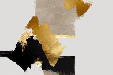 Gold and black paint brush stroke on white background. Abstract art painting.の写真素材