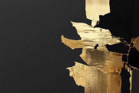 Black and gold background with golden paint splashes. Template for designの写真素材