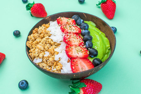 matcha salad with berries,oatmeal,coconut with special pattern style