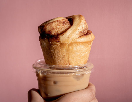 Delicious role of freshly baked cinnamon on a container of iced coffee held by a hand with a pink background.の写真素材