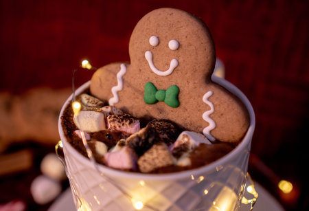 Delicious cup of hot chocolate with a smiling gingerbread man's cookie dipped in cinnamon dusted...