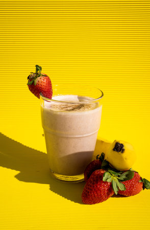 Exquisite healthy strawberry and banana shake inside a strawberry glass with a banana on the side...