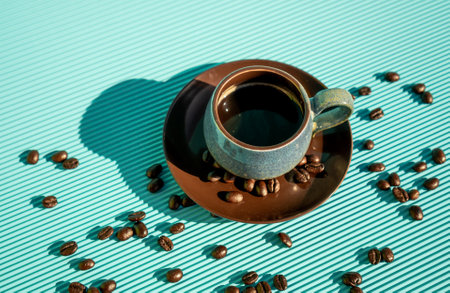 Delicious, freshly brewed American coffee in a blue cup on a brown plate with coffee beans underneath on a blue table.の写真素材