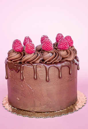 Valentine's day chocolate cake decorated with chocolate icing and red fruits on top sprinkled with...