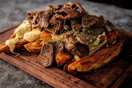 Delicious gajo fries with jack cheese and cheddar with chipotle dressing on a rustic style board.の写真素材