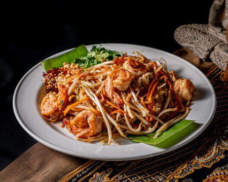 Delicious Pad thai shrimp with rice noodle, tamarind sauce, peanut, egg and bean sprouts served on a...