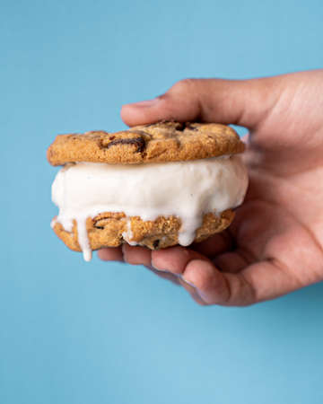 Delicious vanilla gelato sandwich held by a hand, with a blue background.の写真素材