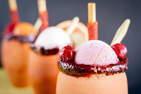 Exquisite cantaritos with tequila and mango, strawberry and lime snow, accompanied by Mexican...