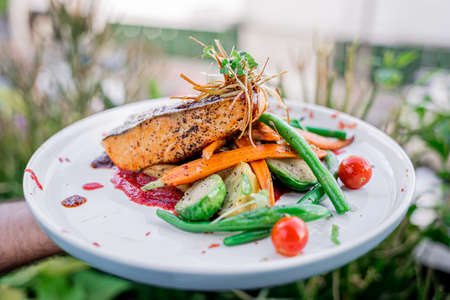 Exquisite salmon fillet with sweet chili sauce, with beet puree and black sauce, served on a white plate.の写真素材