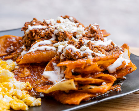 delicious red chilaquiles with Mexican style birria, served with eggs in a bruch ambient.の写真素材