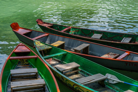 nice boats in micos waterfall in san luis potosi mexico, with green trees and clean and transparent water.の写真素材