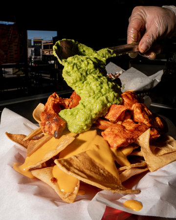 Person preparing delicious nachos with a lot of yellow cheese, and avocado and chicken with buffalo style dressing.の写真素材