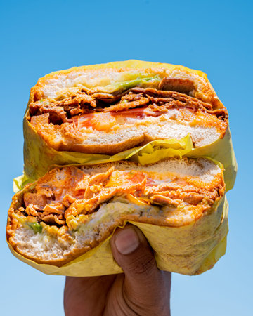 delicious mexican-style torta de lomo with mayonnaise, cheese, tomato and avocadoの写真素材