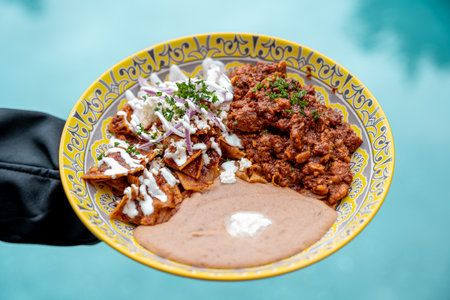 delicious red chilaquiles, beans and red pork chicharron, traditional mexican dish.の写真素材