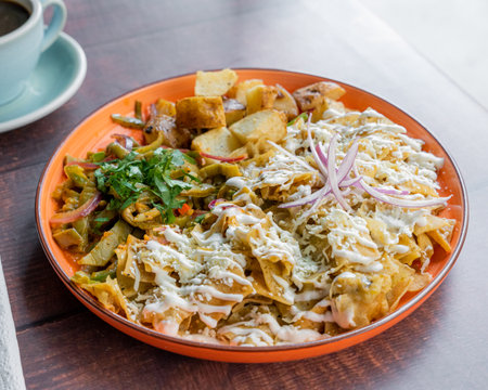 Delicious Mexican breakfast, red chilaquiles prepared with cheese and sour cream, accompanied with nopales and fried beans, perfect Mexican breakfast.の写真素材