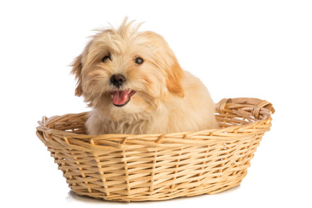Lovely puppy with long-haired in basketの写真素材