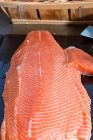 Salmon fillet at a fishmongerの写真素材