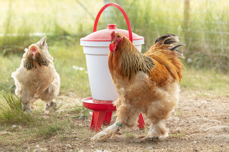 pedigree rooster and hen in a farm with a grain feeder