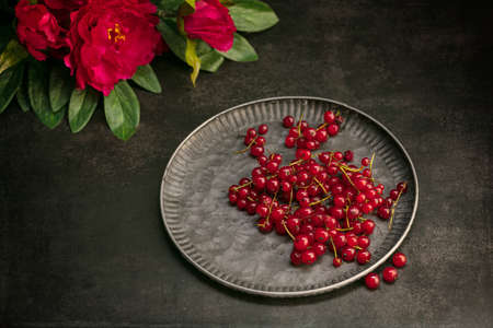 Gooseberries on a tray on a dark backgroundの写真素材