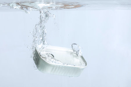 Can of sardines falling in the water on a light backgroundの写真素材