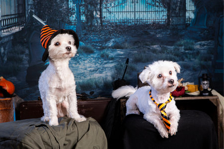 Maltese and Coton de Tulear in a Halloween night setting with a skeleton