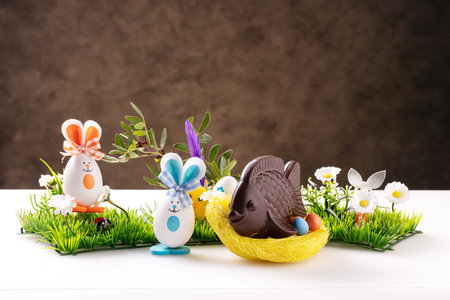 Delicious Easter chocolate assortments on a white table