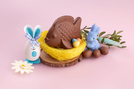 Delicious Easter chocolate assortments on a pink table