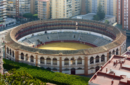 La Malagueta Plaza de toros in Malaga, Spain, seen from aboveのeditorial素材