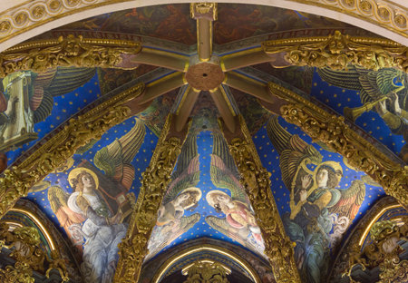 Musician angels Renaissance frescoes in the vaulted roof of the presbytery of Valencia Cathedral,...