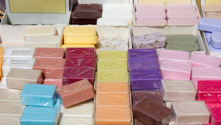 A display of Marseille soaps in many different fragrancesの写真素材