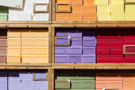 A display of Marseille soaps in many different fragrancesの写真素材