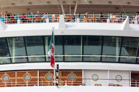 TRIESTE, Italy - October 20, 2014: Close-up on the stern of an Italian cruise ship docked at the city's seaport.のeditorial素材