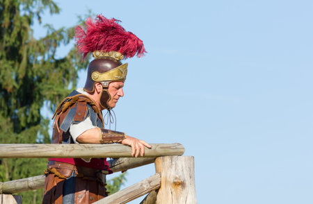 AQUILEIA, Italy - June 18, 2017 : Ancient Roman legionary commander just before the final battle at the local annual historical reenactmentのeditorial素材