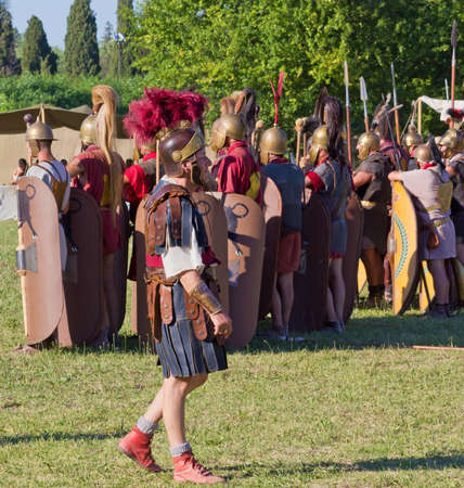 AQUILEIA, Italy - June 18, 2017 : Ancient Roman legionary soldiers and their commander at the local annual historical reenactmentのeditorial素材
