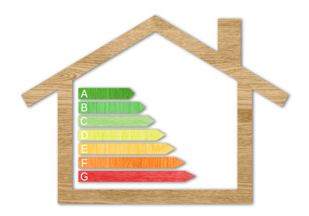 Wood Textured energy efficiency certification symbols inside a house shape against a white backgroundの写真素材
