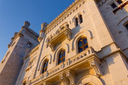 Facade of Miramare castle in Trieste, Italy, at sunsetのeditorial素材