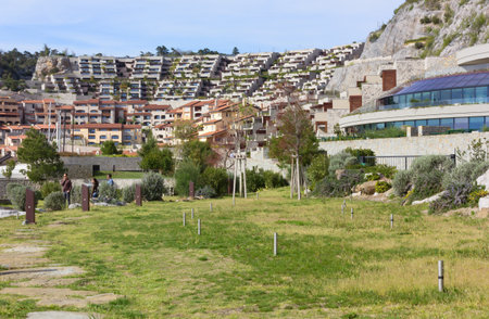 DUINO AURISINA, Italy - April 14, 2018: Grass area at the seaside resort of Portopiccolo, near Trieste, Italyのeditorial素材