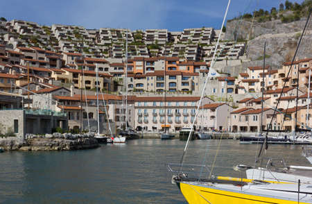 DUINO AURISINA, Italy - April 14, 2018: Boats moored at the marina of the luxury seaside resort of Portopiccolo, near Triesteのeditorial素材