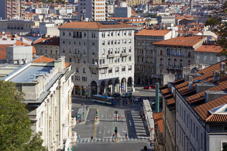 Goldoni square in Trieste, Italy, seen from San Giusto hill over the top of the Giganti staircaseのeditorial素材