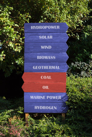 Block of nine wooden direction signs on a natural background, seven blue signs indicating the way to...
