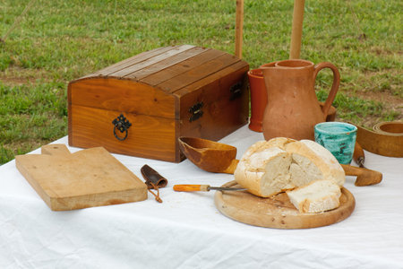 Vintage objects on a table during a historical reenactment