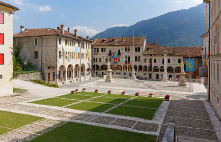 Piazza Maggiore, the historic district's main square of the town of Feltre, Italy, seen from the San Rocco churchのeditorial素材