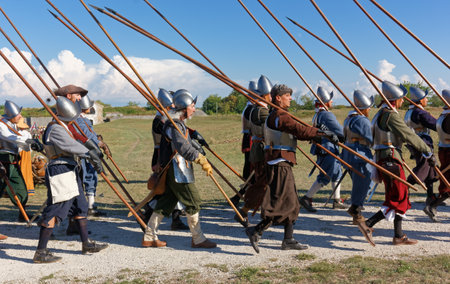 PALMANOVA, Italy - September 4, 2022: Reenactors parading after the battle during the Seventeenth Century annual historical reenactmentのeditorial素材