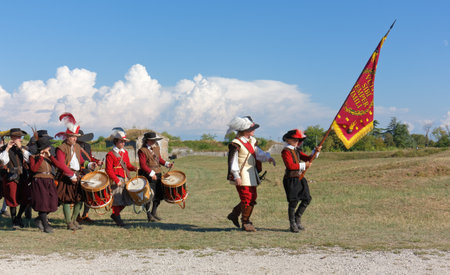 PALMANOVA, Italy - September 4, 2022: Reenactors parading after the battle during the Seventeenth Century annual historical reenactmentのeditorial素材