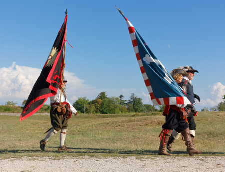 PALMANOVA, Italy - September 4, 2022: Reenactors parading after the battle during the Seventeenth Century annual historical reenactmentのeditorial素材