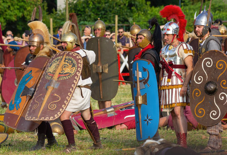 AQUILEIA, Italy - June 22, 2014 - Detail of the battle between the Romans and the Carnic Celts during the annual historical reenactmentのeditorial素材
