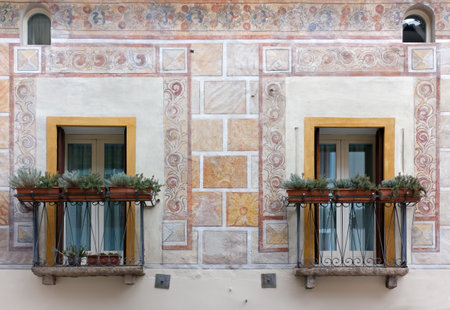 MAROSTICA, Italy - February 19, 2023: Detail of the exterior of a historic building with the wall decorated in frescoのeditorial素材
