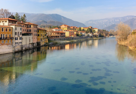 River Brenta seen from the famous bridge of Bassano, Italyの写真素材