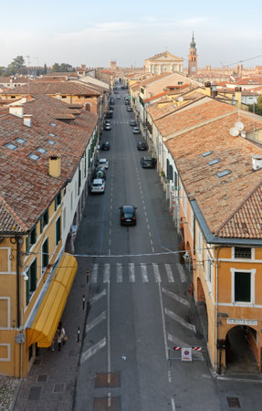 CITTADELLA, Italy -. February 20, 2023: Garibaldi street seen from the historic town walls walk , with the cathedral in the backgroundのeditorial素材