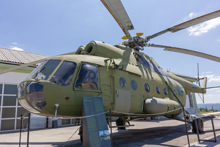 PIVKA, Slovenia - June 25, 2023: Assault and transport historic military helicopter Mil Mi-8 on...